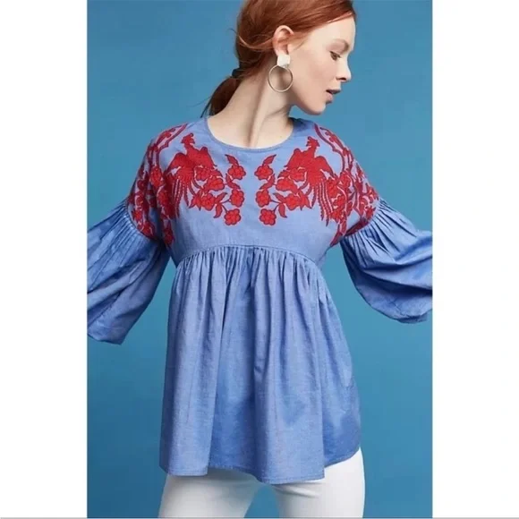Anthropologie Hemant & Nandita flows appliqué empire puff sleeves top blouse S - Picture 3 of 11